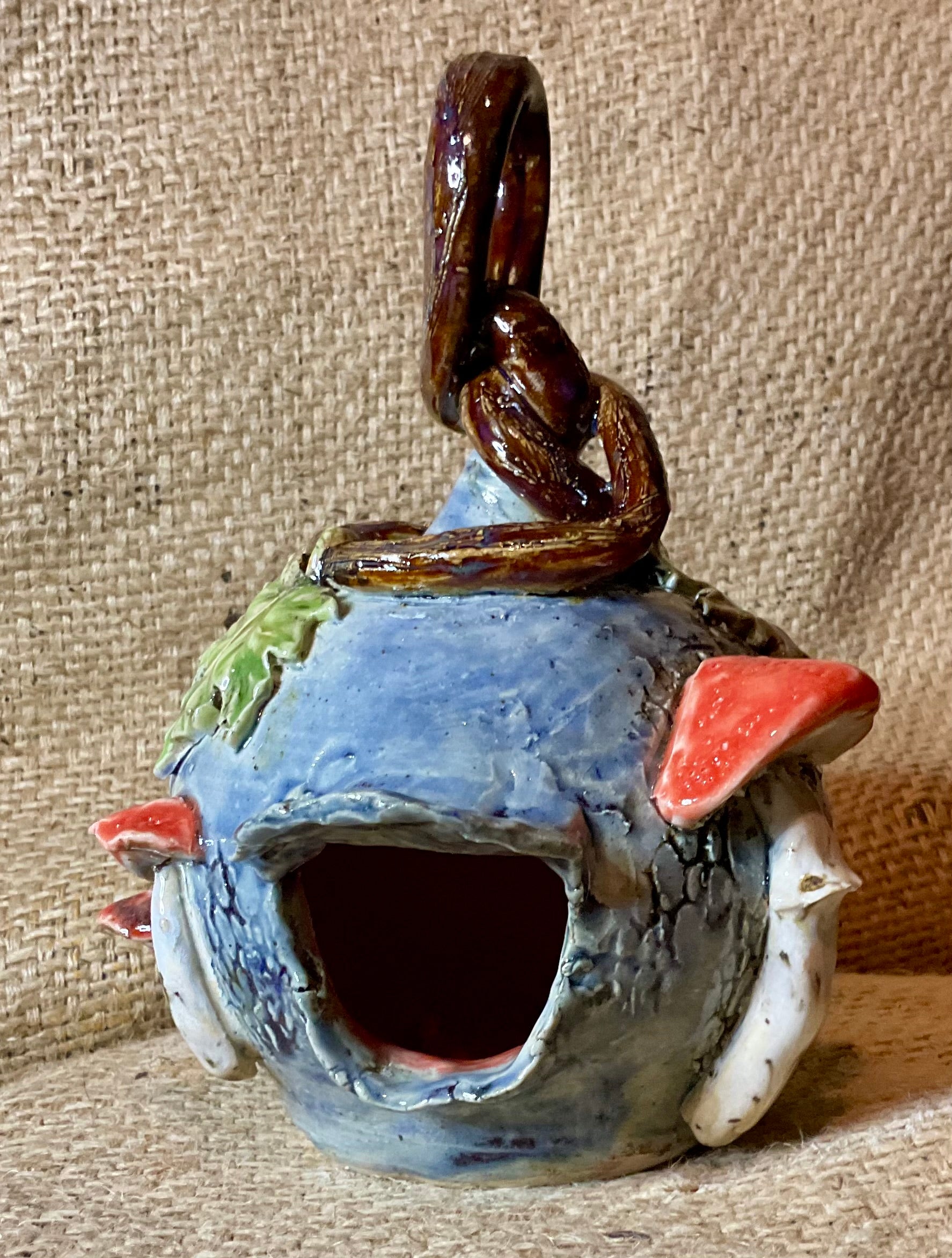 Pottery- bird feeder w mushrooms
