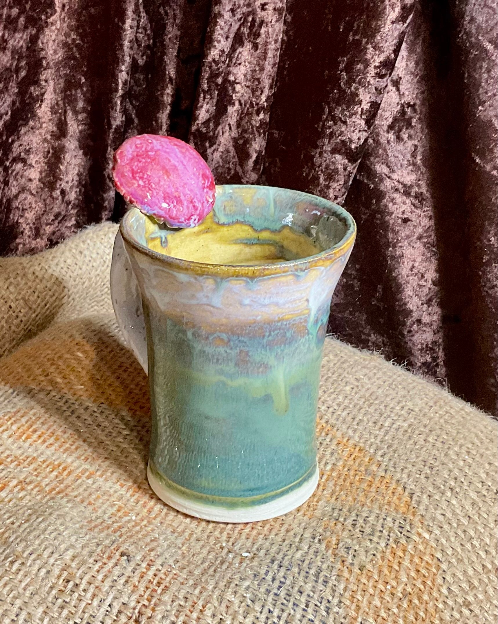 Pottery- green mushroom handle mug