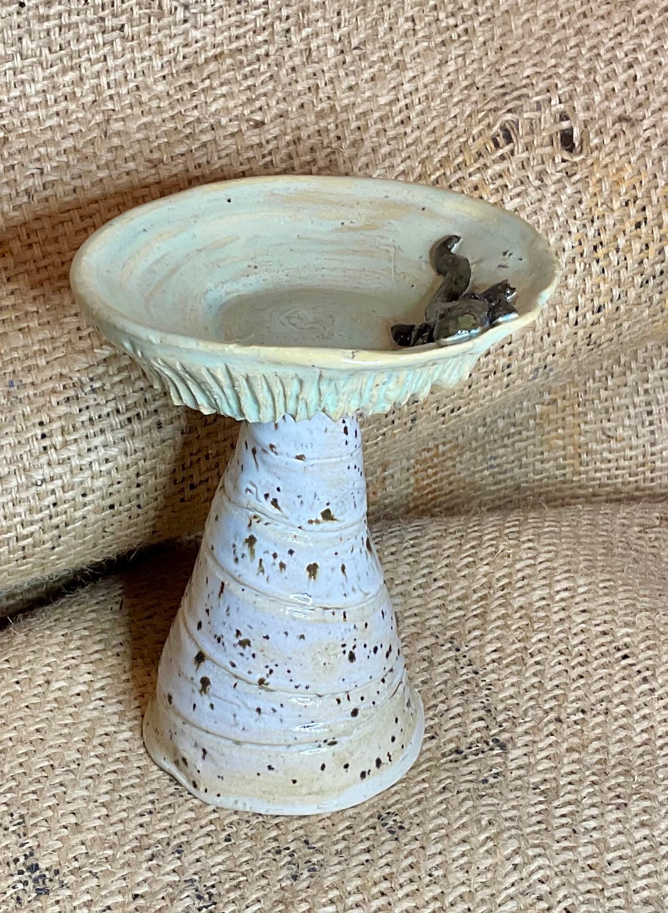 Pottery- 6’ mushroom with black clay lizard