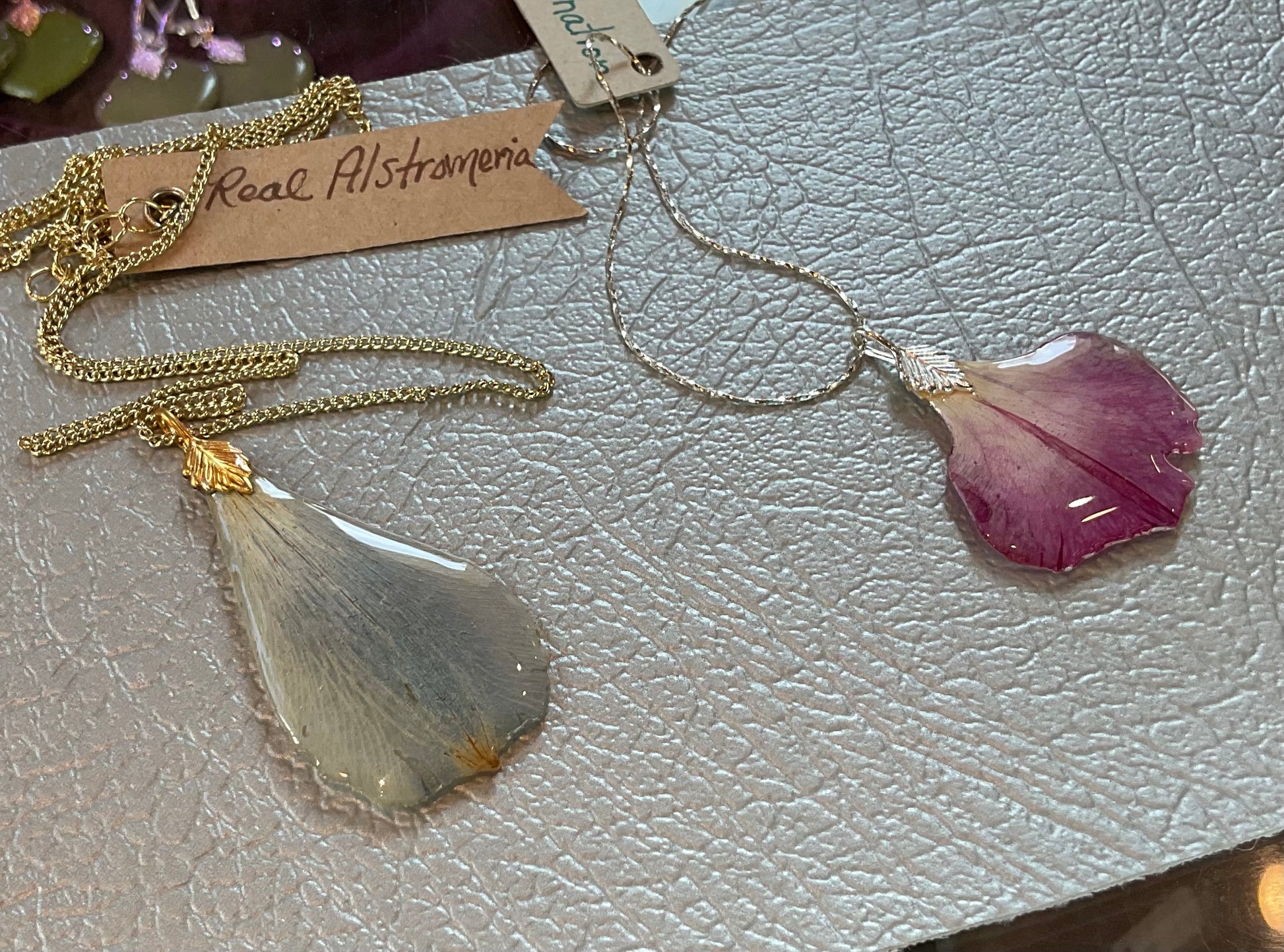 Naturally Forested-misc necklace…clematis,carnation,astromeria,tiger lily