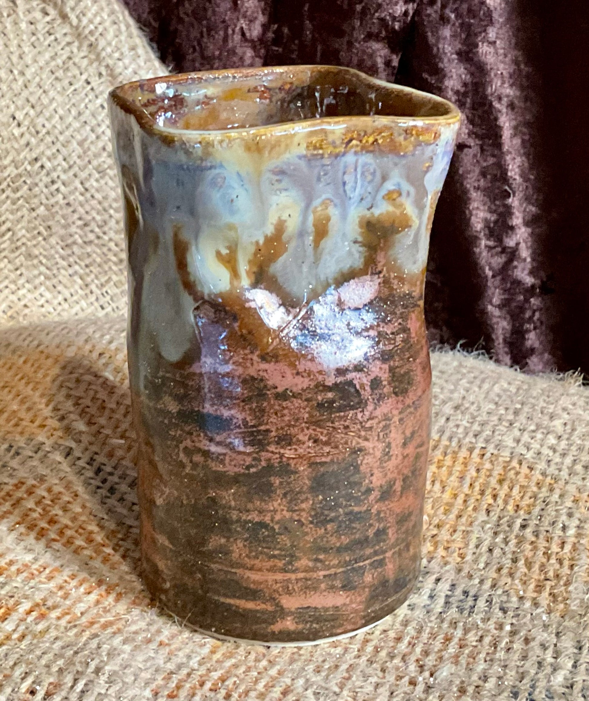 Pottery- ‘bag’ vase with copper