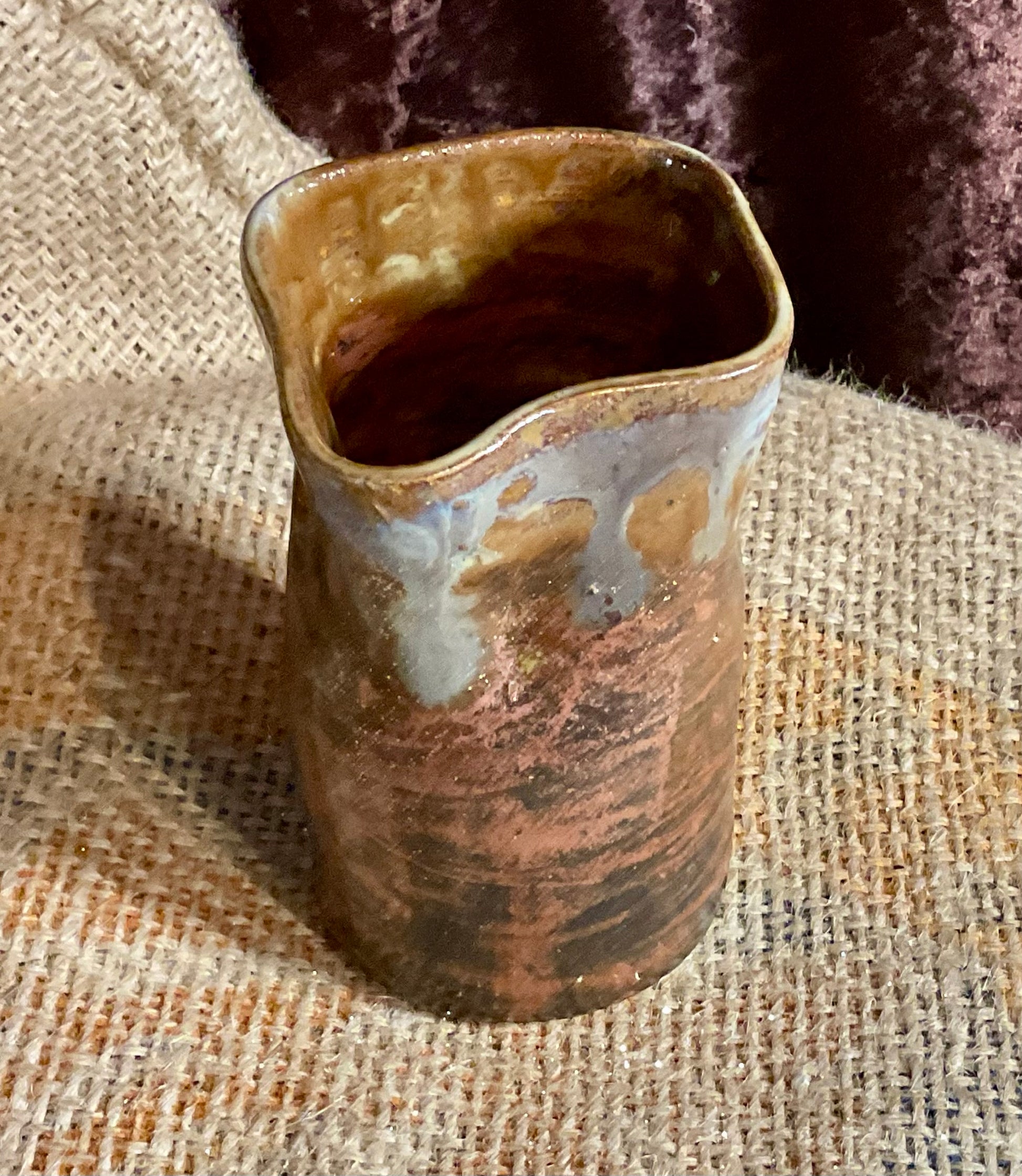 Pottery- ‘bag’ vase with copper