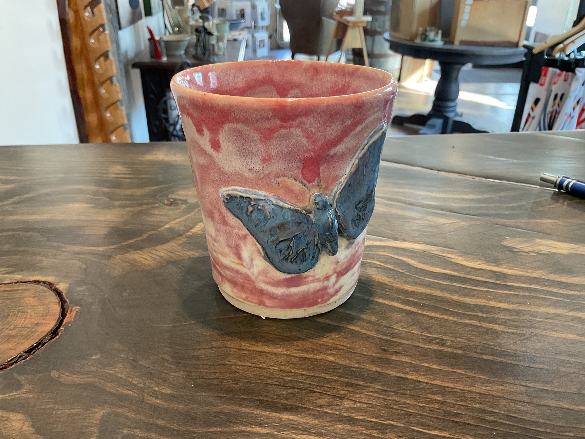 Pottery- pink mug with blue butterfly