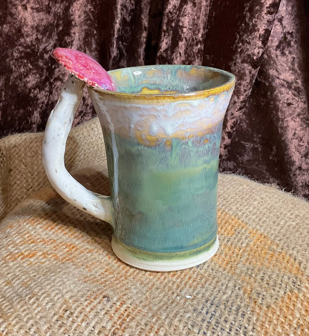 Pottery- green mushroom handle mug