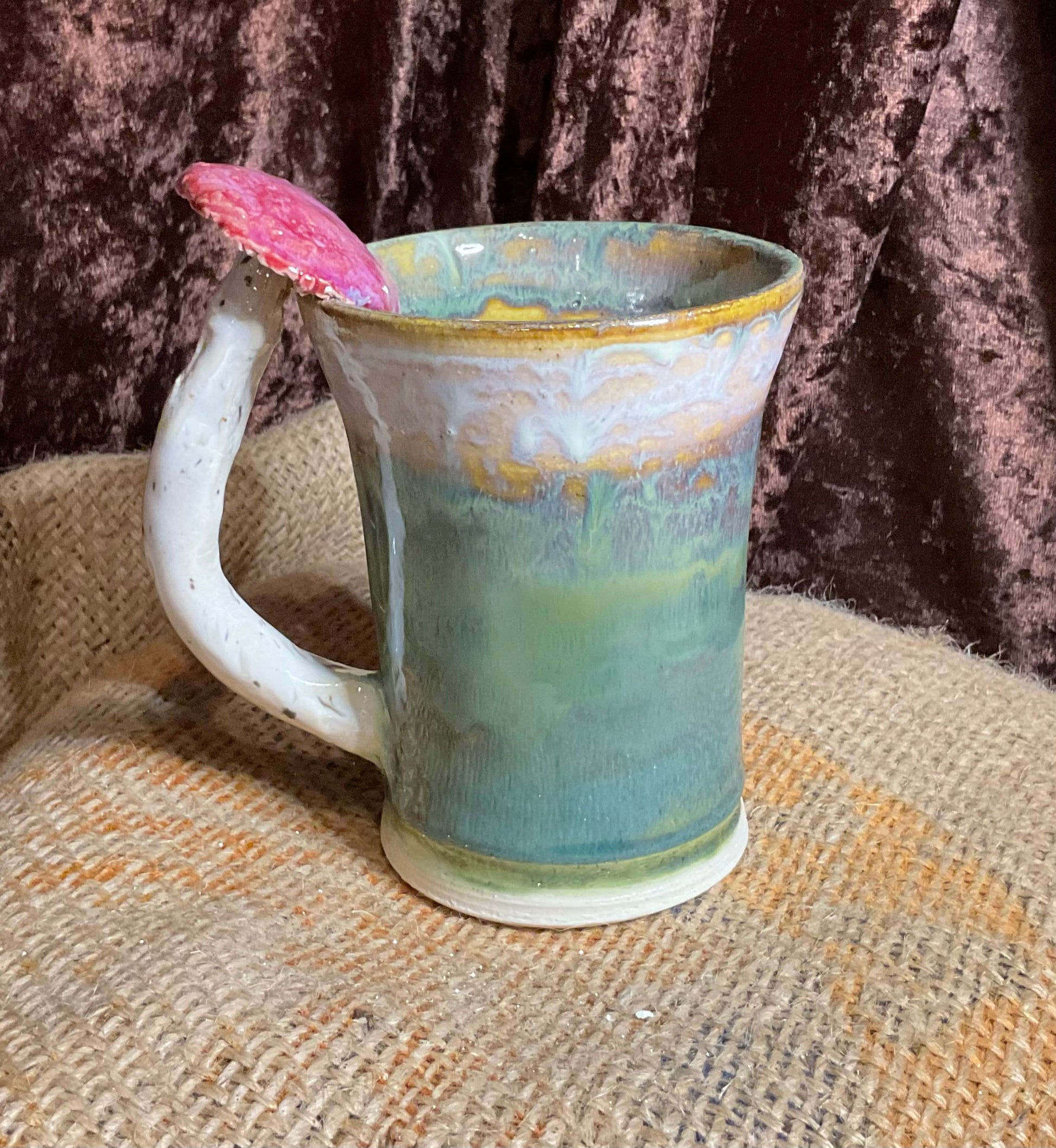Pottery- green mushroom handle mug