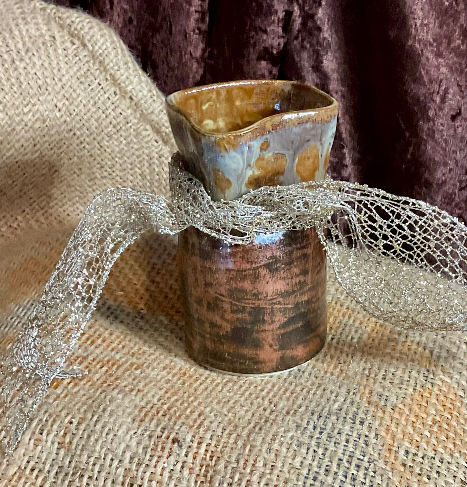 Pottery- ‘bag’ vase with copper