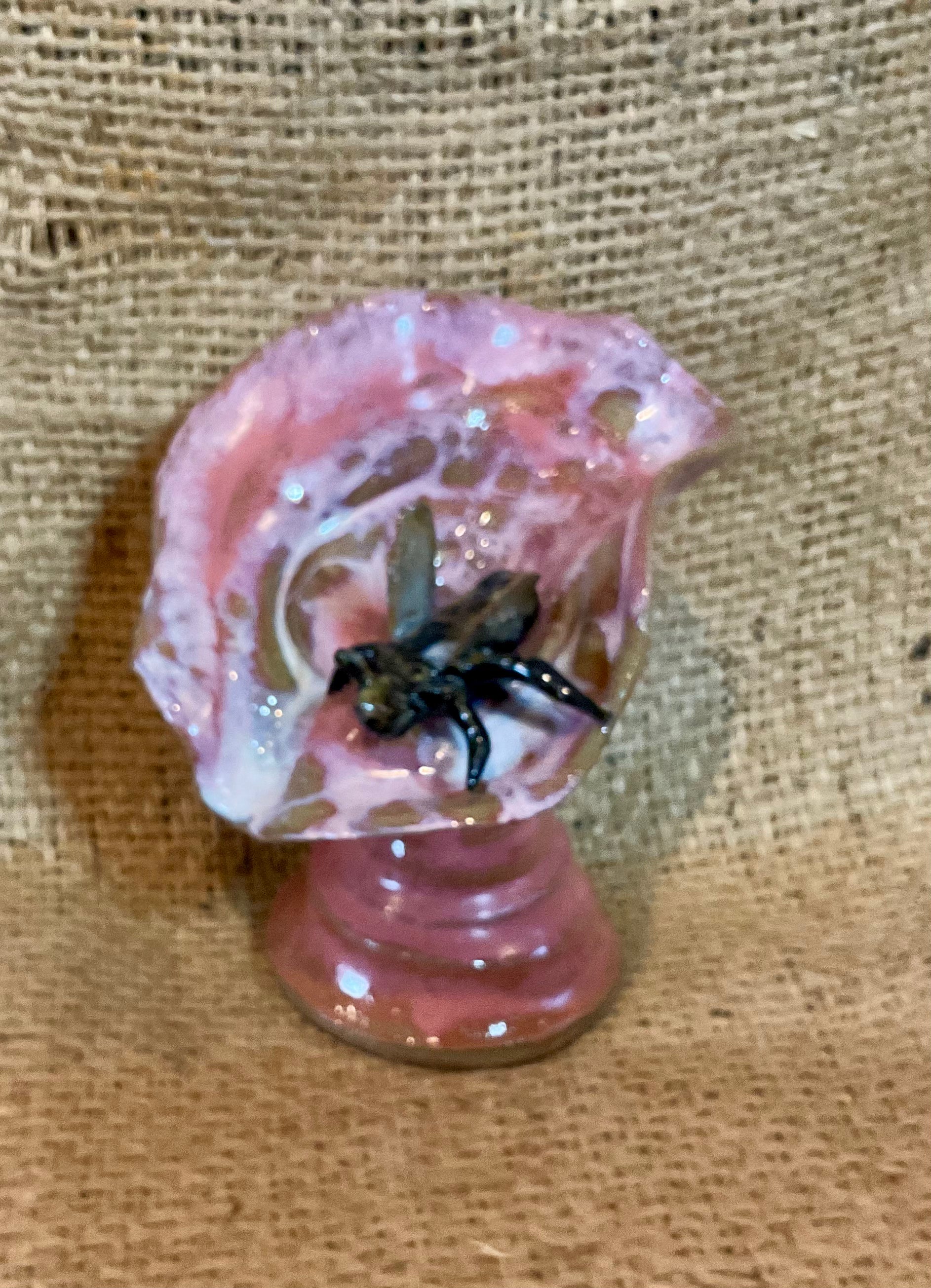 Pottery- 5 inch coral mushroom with fly