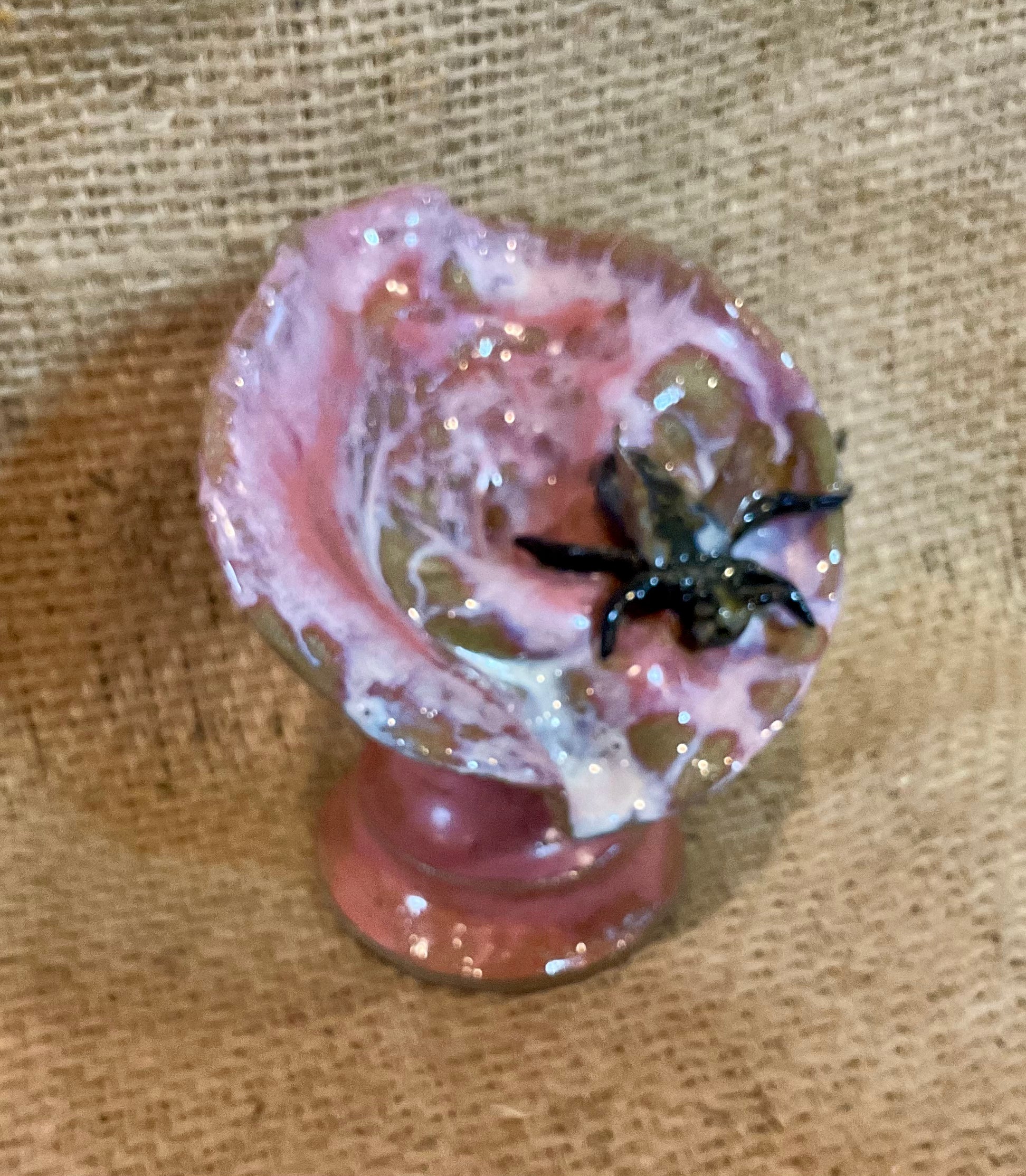 Pottery- 5 inch coral mushroom with fly