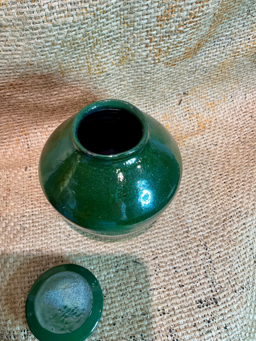 Pottery-green lidded pot
