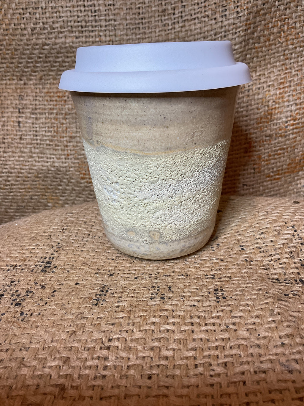 Pottery-moonscape coffee cup with lid