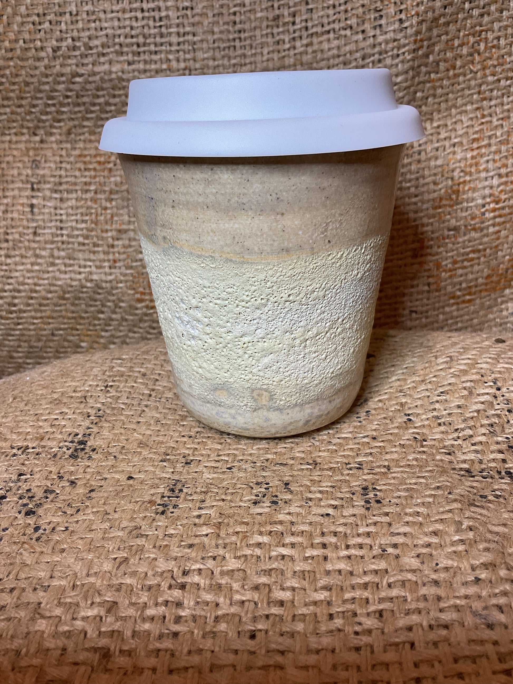 Pottery-moonscape coffee cup with lid
